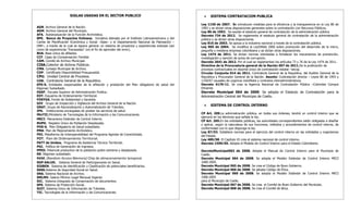 SIGLAS USADAS EN EL SECTOR PUBLICO
AGN. Archivo General de la Nación.
AGM. Archivo General del Municipio.
AFA. Autoevaluación de la Función Archivística.
BPE. Banco de Proyectos Exitosos. Iniciativa liderada por el Instituto Latinoamericano y del
Caribe de Planificación Económica y Social –Ilpes– y el Departamento Nacional de Planeación –
DNP–, a través de la cual se espera generar un sistema de proyectos y experiencias exitosas (así
como de experiencias "fracasadas" con el fin de aprender del error).
BUA. Base única de afiliados.
CCF. Cajas de Compensación Familiar.
CAM. Comité de Archivo Municipal.
CISA.Colector de Activos Públicos.
CMA. Consejo Municipal de Archivo.
CDP. Certificado Disponibilidad Presupuestal.
CPU. Unidad Central de Procesos.
CGR. Contraloría General de la Republica.
EPS-S. Entidades responsables de la afiliación y prestación del Plan obligatorio de salud del
Régimen Subsidiado.
ESAP. Escuela Superior de Administración Publica.
EOT. Esquema de Ordenamiento Territorial.
FOSYGA. Fondo de Solidaridad y Garantía.
GIV. Grupo de Inspección y Vigilancia del Archivo General de la Nación.
GRAT. Grupo de Racionalización y Automatización de Trámites.
IPS. Instituciones encargadas de prestar los servicios de salud.
MinTIC.Ministerio de Tecnologías de la Información y las Comunicaciones.
MECI. Mecanismo Estándar de Control Interno.
RUPD. Registro Único de Población Desplazada.
POS-S. Plan Obligatorio de Salud-subsidiado.
PMA. Plan de Mejoramiento Archivístico.
PDI. Plataforma de Interoperabilidad del Programa Agenda de Conectividad.
POT. Plan de Ordenamiento Territorial.
PATT de Unidos. Programa de Asistencia Técnica Territorial.
PGI. Política de Generación de Ingresos.
PPED. Potencial productivo de la población pobre extrema y desplazada.
RS. Régimen subsidiado.
RAM. (Random Access Memory) Chip de almacenamiento temporal.
SGP-SALUD. Sistema General de Participaciones en Salud.
SISBEN. Sistema de identificación y Clasificación de potenciales beneficiarios.
SSSS.Sistema de Seguridad Social en Salud.
SNA. Sistema Nacional de Archivo.
SMLMV. Salario Mínimo Legal Mensual Vigente.
SIC. Sistema Integrado de Conservación de documentos.
SPS. Sistema de Protección Social.
SUIT. Sistema Único de Información de Trámites.
TIC. Tecnologías de la Información y las Comunicaciones.
SISTEMA CONTRATACION PUBLICA
Ley 1150 de 2007. Se introducen medidas para la eficiencia y la transparencia en la Ley 80 de
1993 y se dictan otras disposiciones generales sobre la contratación con Recursos Públicos.
Ley 80 de 1993. Se expide el estatuto general de contratación de la administración pública
Decreto 734 de 2012. Se reglamenta el estatuto general de contratación de la administración
pública y se dictan otras disposiciones.
Ley 816 de 2003. Se apoya a la industria nacional a través de la contratación pública.
Ley 905 de 2004. Se modifica la Ley590de 2000 sobre promoción del desarrollo de la micro,
pequeña y mediana empresa colombiana y se dictan otras disposiciones.
Ley 1474 de 2011. Se dictan normas orientadas a fortalecer los mecanismos de prevención,
investigación y sanción de actos de corrupción.
Decreto 2641 de 2012. Por el cual se reglamentan los artículos 73 y 76 de la Ley 1474 de 2011.
Directiva de la Procuraduría general de la Nación 007 de 2011.De la publicación de
procesos contractuales en elportal único de contratación estatal –secop.
Circular Conjunta 014 de 2011. Contraloría General de la Republica, del Auditor General de la
Republica y Procurador General de la Nación. Asunto: Contratación directa – Leyes 80 de 1993 y
1150/07 causales de urgencia manifesta y contratos interadministrativos.
Decreto 4170-11. Se crea la Agencia Nacional de Contratación Pública –Colombia Compra
Eficiente.
Decreto Municipal 064 de 2009. Se adopta el Estatuto de Contratación para la
Administración Central del Municipio de Coello.
SISTEMA DE CONTROL INTERNO
CP Art. 209.La administración pública, en todos sus órdenes, tendrá un control interno que se
ejercerá en los términos que señale la ley.
CP Art. 269.En las entidades públicas, las autoridades correspondientes están obligadas a diseñar
y aplicar, según la naturaleza de sus funciones, métodos y procedimientos de control interno, de
conformidad con lo que disponga la ley.
Ley 87/93. Establece normas para el ejercicio del control interno en las entidades y organismos
del Estado.
Ley 489/98. El Capítulo VI crea el sistema nacional de control interno.
Decreto 1599/05. Adopta el Modelo de Control Interno para el Estado Colombiano.
DecretoMunicipal063 de 2008. Adopta el Manual de Control Interno para el Municipio de
Coello.
Decreto Municipal 064 de 2008. Se adopta el Modelo Estándar de Control Interno MECI
1000:2005.
Decreto Municipal 065 de 2008. Se crea el Código de Buen Gobierno.
Decreto Municipal 066 de 2008. Se adopta Código de Ética.
Decreto Municipal 069 de 2008. Se adopta el Modelo Estándar de Control Interno MECI
1000:2005
para el Municipio de Coello.
Decreto Municipal 067 de 2008. Se crea el Comité de Buen Gobierno del Municipio.
Decreto Municipal 068 de 2008. Se crea el Comité de ética.
 