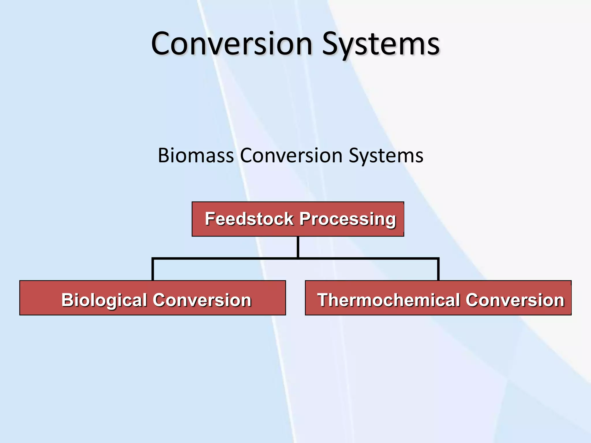 Conversion Systems
Biomass Conversion Systems
Feedstock Processing
Thermochemical ConversionBiological Conversion
 