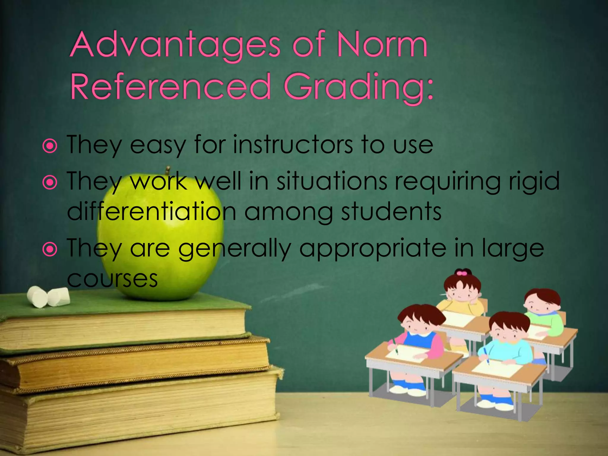 They easy for instructors to use
 They work well in situations requiring rigid
differentiation among students
 They are generally appropriate in large
courses


 