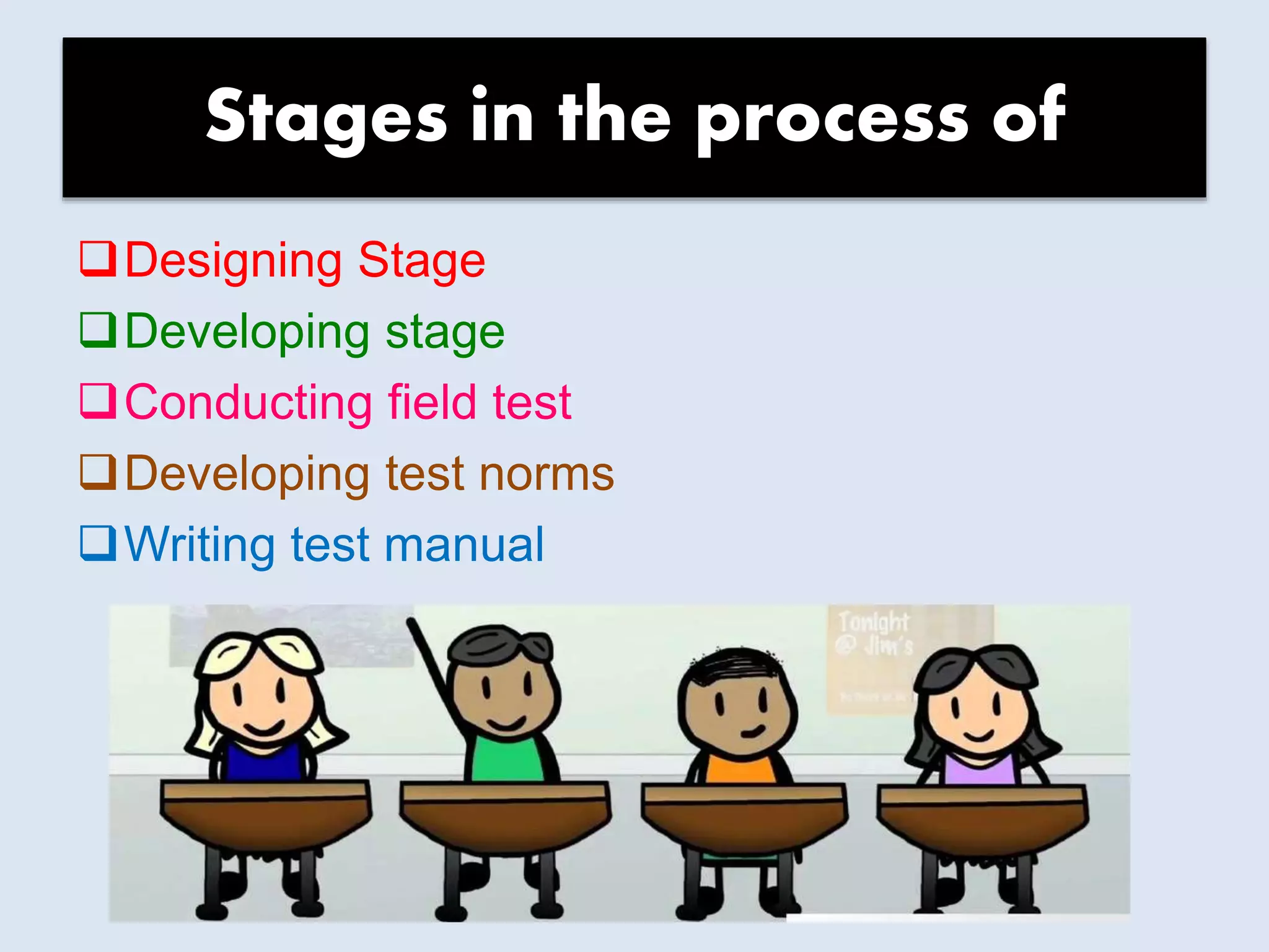Stages in the process of
Designing Stage
Developing stage
Conducting field test
Developing test norms
Writing test manual
 