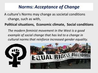 Norms:  Acceptance of Change A culture’s Norms may change as societal conditions change, such as with, Political situations,  Economic climate,  Social conditions The modern feminist movement in the West is a good example of social change that has led to a change in cultural norms that reinforce increased gender equality. 