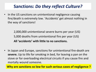 Sanctions:  Do they reflect Culture? In the US sanctions on unintentional negligence causing fire/death is extremely low. ‘Accidents’ get almost nothing in the way of sanctions! 2,000,000 unintentional severe burns per year (US) 5,000 deaths from unintentional fire per year (US) All ‘accidents’ with little to no sanctions. In Japan and Europe, sanctions for unintentional fire-death are  severe.  Up to life for smoking in bed, for leaving a pan on the stove or for overloading electrical circuits if you cause fire and mortally wound someone. Why are sanctions so low for such serious cases of negligence ? 