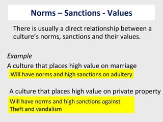 Norms – Sanctions - Values There is usually a direct relationship between a culture’s norms, sanctions and their values. Example A culture that places high value on marriage Will have norms and high sanctions on adultery A culture that places high value on private property Will have norms and high sanctions against  Theft and vandalism 