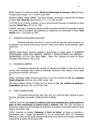 14


MORIN, Estelle M. O sentidos do trabalho. Revista de Administração de Empresas – RAE, São Paulo:
Fundação Getulio Vargas, v. 41, n. 3, p.8-19, jul./set. 2001.
ROUBLES JÚNIOR, Antônio, MARION, José Carlos. Geração, comunicação e utilização das informações
de custos. Cont. Vista & Rev. Belo Horizonte, v.11, n. 1, p. 18-32, abr. 2000.
O FUTURO do livro: E-books completam um ano e ainda provocam discussão se substituirão as obras
impressas. Revista Veja, p.140-141, jun. 1999.
OLIVEIRA, Ana Paula. A chegada das estrelas do GSM: os principais fornecedores de aparelhos celulares
com padrão GMS já se preparam para apresentar os modelos que irão comercializar no Brasil. World
Telecom, Ano 4, n. 36, p.20-24, jan. 2001.

5.4   TRABALHOS PUBLICADOS EM EVENTOS

                 Elementos essenciais: autor, título. In: nome do evento em caixa alta, número do evento, ano
de realização, local, título do evento (anais, resumos e outros), local, editora, ano de publicação, página
inicial e final.
Ex:
ABELÉM, Auriléa Gomes. Amazônia: ocupação e reorganização do espaço urbano. In: SEMINÁRIO
INTERNACIONAL SOBRE MEIO AMBIENTE, POBREZA E DESENVOLVIMENTO DA AMAZÔNIA –
SIMDAMAZÔNIA, 16-19 fev. 1992, Belém. Anais ... Belém: Pará. Secretaria do Estado de Ciência,
Tecnologia e Meio Ambiente, 1992. p.16-20.

5.5   DOCUMENTO JURÍDICO

             Os elementos essenciais são: jurisdição (ou cabeçalho da entidade, no caso de se tratar de
normas), título, numeração, data e dados da publicação. Acrescentar notas relativas a outros dados
necessários para identificar o documento.
Ex:
BRASIL. Constituição (1998). Emenda constitucional nº 9, de 9 de novembro de 1995. Lex: Legislação
Federal e Marginalia, São Paulo, v.59, p.1966, out./dez. 1995.
SÃO PAULO (Estado). Decreto nº 42.822, de 20 de janeiro de 1998. Lex: coletânea de legislação e
jurisprudência, São Paulo, v.62, n.3, p.217-220, 1998.

5.6   TESES E DISSERTAÇÕES

              Os elementos essenciais são: autor, título, local, ano, número de folhas, indicação de grau e
área (tese, dissertação, monografia), unidade de ensino, Instituição.
Ex:
TEIXEIRA, Ivandi Silva. Um modelo de evidências sobre riscos ambientais para a gestão pública em
Belém do Pará fundamentado na auditoria interna e ambiental. 1998. 212f. Tese (Doutorado em
Engenharia). Programa de Pós-Graduação em Engenharia de produção, Universidade Federal de Santa
Catarina, Florianópolis, 1998.
COSTA, Rosemarie de Almeida. Ciberespaço X Centro de Cálculo: em busca de parâmetros e
procedimentos para a atuação das bibliotecas na Era do Conhecimento. 2000. 151f. Dissertação
(Mestrado em Ciência da Informação). Mestrado Interinstitucional em Ciência da Informação. Universidade
Federal do Rio de Janeiro, Rio de Janeiro, 2000.
 