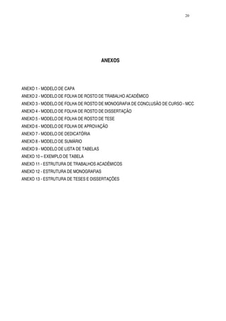 20




                                       ANEXOS




ANEXO 1 - MODELO DE CAPA
ANEXO 2 - MODELO DE FOLHA DE ROSTO DE TRABALHO ACADÊMICO
ANEXO 3 - MODELO DE FOLHA DE ROSTO DE MONOGRAFIA DE CONCLUSÃO DE CURSO - MCC
ANEXO 4 - MODELO DE FOLHA DE ROSTO DE DISSERTAÇÃO
ANEXO 5 - MODELO DE FOLHA DE ROSTO DE TESE
ANEXO 6 - MODELO DE FOLHA DE APROVAÇÃO
ANEXO 7 - MODELO DE DEDICATÓRIA
ANEXO 8 - MODELO DE SUMÁRIO
ANEXO 9 - MODELO DE LISTA DE TABELAS
ANEXO 10 – EXEMPLO DE TABELA
ANEXO 11 - ESTRUTURA DE TRABALHOS ACADÊMICOS
ANEXO 12 - ESTRUTURA DE MONOGRAFIAS
ANEXO 13 - ESTRUTURA DE TESES E DISSERTAÇÕES
 