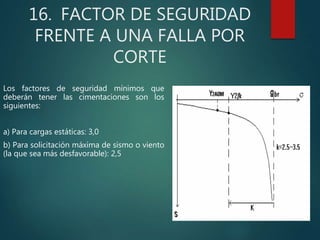 16. FACTOR DE SEGURIDAD
FRENTE A UNA FALLA POR
CORTE
Los factores de seguridad mínimos que
deberán tener las cimentaciones son los
siguientes:
a) Para cargas estáticas: 3,0
b) Para solicitación máxima de sismo o viento
(la que sea más desfavorable): 2,5
 