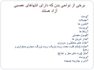 ‫عصبی‬ ‫انتهاهای‬ ‫دارای‬ ‫که‬ ‫بدن‬ ‫نواحی‬ ‫از‬ ‫برخی‬
‫آزاد‬‫هستند‬
*‫پوست‬
*‫عضالت‬
*‫ها‬ ‫تاندون‬
*‫پریوست‬
*‫ها‬ ‫رباط‬
*‫مفصلی‬ ‫کپسول‬
*‫ها‬ ‫شریان‬ ‫جدار‬
*‫سروزی‬ ‫و‬ ‫مخاطی‬ ‫های‬ ‫غشاء‬
*‫احشاء‬(‫و‬ ‫صفراوی‬ ‫مجاری‬ ،‫بزرگ‬ ‫روده‬ ،‫باریک‬ ‫روده‬ ،‫معده‬ ،‫قلب‬ ‫مانند‬
‫رحم‬)
*‫مننژ‬(‫نخاع‬ ‫و‬ ‫مغز‬ ‫های‬ ‫پرده‬)
*‫پریوست‬
*‫جمجمه‬ ‫چادرینه‬ ‫و‬ ‫داس‬
 