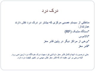 ‫درک‬‫درد‬
‫مناطقی‬‫د‬ ‫نقش‬ ‫درد‬ ‫درک‬ ‫در‬ ‫بیشتر‬ ‫که‬ ‫مرکزی‬ ‫عصبی‬ ‫سیستم‬ ‫از‬‫ارند‬
‫عبارتنداز‬:
*‫مشبک‬ ‫دستگاه‬(RF)
*‫تاالموس‬
*‫مغز‬ ‫قشر‬ ‫پایین‬ ‫در‬ ‫دیگر‬ ‫مراکز‬ ‫از‬ ‫برخی‬
*‫مغز‬ ‫قشر‬
‫حتی‬‫رو‬ ‫نمی‬ ‫ازبین‬ ‫درد‬ ‫خودآگاه‬ ‫درک‬ ‫جهت‬ ‫فرد‬ ‫توانایی‬ ،‫مغز‬ ‫قشر‬ ‫کامل‬ ‫انهدام‬ ‫درصورت‬‫د‬.
‫دارد‬ ‫درد‬ ‫کیفیت‬ ‫تغییر‬ ‫در‬ ‫مهمی‬ ‫نقش‬ ‫مغز‬ ‫قشر‬ ‫که‬ ‫اند‬ ‫عقیده‬ ‫این‬ ‫بر‬ ‫برخی‬ ‫البته‬.
 