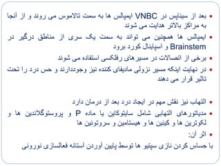 ‫بعد‬‫از‬‫سیناپس‬‫در‬VNBC‫ایمپالس‬‫ها‬‫به‬‫سمت‬‫تاالموس‬‫می‬‫روند‬‫و‬‫از‬‫آنجا‬
‫به‬‫مراکز‬‫باالتر‬‫هدایت‬‫می‬‫شوند‬
‫ایمپالس‬‫ها‬‫همچنین‬‫می‬‫تواند‬‫به‬‫سمت‬‫یک‬‫سری‬‫از‬‫مناطق‬‫درگیر‬‫در‬
Brainstem‫و‬‫اسپاینال‬‫کورد‬‫برود‬
‫برخی‬‫از‬‫اتصاالت‬‫در‬‫مسیرهای‬‫رفلکسی‬‫استفاده‬‫می‬‫شوند‬
‫در‬‫نهایت‬‫اینکه‬‫مسیر‬‫نزولی‬‫مادیفای‬‫کننده‬‫نیز‬‫وجوددارند‬‫و‬‫حس‬‫درد‬‫ر‬‫ا‬‫تحت‬
‫تاثیر‬‫قرار‬‫می‬‫دهند‬
‫التهاب‬‫نیز‬‫نقش‬‫مهم‬‫در‬‫ایجاد‬‫درد‬‫بعد‬‫از‬‫درمان‬‫دارد‬
‫مدیاتورهای‬‫التهابی‬‫شامل‬‫سایتوکاین‬‫یا‬‫ماده‬P‫و‬‫پروستوگالندین‬‫ها‬‫و‬
‫لکوترین‬‫ها‬‫و‬‫کینین‬‫ها‬‫و‬‫هیستامین‬‫و‬‫سروتونین‬‫ها‬
‫اثر‬‫آن‬:
‫با‬‫حساس‬‫کردن‬‫نازی‬‫سپتیو‬‫ها‬‫توسط‬‫پایین‬‫آوردن‬‫آستانه‬‫فعالسازی‬‫ن‬‫ورونی‬
 