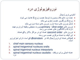 ‫درد‬ ‫نوروفیزیولوژی‬
‫ژمینال‬ ‫تری‬ ‫آناتومی‬
‫زوج‬ ‫عصب‬ ‫توسط‬ ‫وصورت‬ ‫فک‬ ‫های‬ ‫درد‬ ‫عمده‬5‫شوند‬ ‫می‬ ‫هدایت‬
‫زوج‬5‫باشد‬ ‫می‬ ‫مغزی‬ ‫عصب‬ ‫بزرگترین‬
‫باشد‬ ‫می‬ ‫دوم‬ ‫دسته‬ ‫های‬ ‫نورون‬ ‫و‬ ‫اول‬ ‫دسته‬ ‫های‬ ‫نورون‬ ‫شامل‬
‫های‬ ‫نورون‬first order‫یا‬primary‫برعهده‬ ‫آوران‬ ‫وظیفه‬ ‫محیطی‬ ‫بصورت‬
‫رسند‬ ‫می‬ ‫عصب‬ ‫های‬ ‫گانگلیون‬ ‫با‬ ‫که‬ ‫دارند‬
‫های‬ ‫نورون‬second order‫هستند‬ ‫واقع‬ ‫باالتر‬ ‫مراکز‬ ‫در‬ ‫ای‬ ‫هسته‬ ‫یا‬
‫رسند‬ ‫می‬ ‫عصب‬ ‫مرکزی‬ ‫هسته‬ ‫به‬ ‫الیاف‬ ‫این‬
‫در‬ ‫که‬ ‫ژمینال‬ ‫تری‬ ‫ای‬ ‫هسته‬ ‫کمپلکس‬Brainstem‫زیر‬ ‫اجزای‬ ‫دارای‬ ‫است‬ ‫واقع‬
‫ا‬‫س‬‫ت‬:
1. chief main sensory nucleus
2. spinal treigeminal nucleuos oralis
3. spinal trigeminal nucleus interpolaris
4. spinal tregeminal nucleus caudalis: ‫دریافت‬ ‫برای‬ ‫اصلی‬ ‫هسته‬
‫درد‬
 