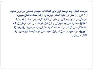 ‫فیبرهای‬ ‫توسط‬ ‫پیام‬ ‫انتقال‬ ‫سرعت‬A-‫حد‬ ‫مرکزی‬ ‫عصبی‬ ‫سیستم‬ ‫به‬ ‫دلتا‬‫ود‬
15‫الی‬30‫است‬ ‫ثانیه‬ ‫در‬ ‫متر‬.‫فیبرهای‬C،‫میلین‬ ‫نداشتن‬ ‫علت‬ ‫به‬
‫حدود‬ ‫در‬ ‫سرعتی‬‫دارند‬ ‫ثانیه‬ ‫در‬ ‫متر‬ ‫دو‬ ‫الی‬ ‫نیم‬.‫حاد‬ ‫درد‬(Acute
pain)‫ازطریق‬ ‫شود‬ ‫می‬ ‫خوانده‬ ‫نیز‬ ‫تیز‬ ‫و‬ ‫سوزنی‬ ،‫سریع‬ ‫درد‬ ‫که‬A-
‫گردد‬ ‫می‬ ‫منتقل‬ ‫دلتا‬.‫مزمن‬ ‫درد‬ ‫عنوان‬ ‫به‬ ‫که‬ ‫آهسته‬ ‫درد‬(Chronic
pain)‫فیبرهای‬ ‫توسط‬ ‫شود‬ ‫می‬ ‫نامیده‬ ‫نیز‬ ‫سوزشی‬ ‫و‬ ‫مبهم‬ ‫درد‬ ،C
‫یابد‬ ‫می‬ ‫انتقال‬.
 