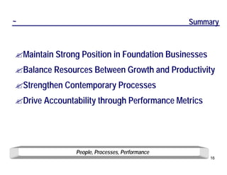 ~                                                Summary



? Maintain Strong Position in Foundation Businesses
? Balance Resources Between Growth and Productivity
? Strengthen Contemporary Processes
? Drive Accountability through Performance Metrics




                People, Processes, Performance
                                                      16
 