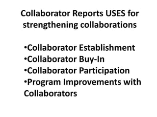 Collaborator Reports USES for
strengthening collaborations

•Collaborator Establishment
•Collaborator Buy-In
•Collaborator Participation
•Program Improvements with
Collaborators
 