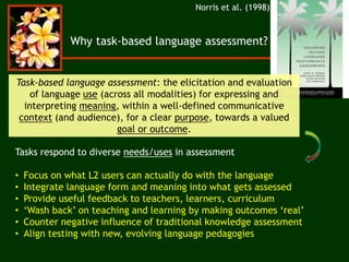 Norris et al. (1998)
Tasks respond to diverse needs/uses in assessment
• Focus on what L2 users can actually do with the language
• Integrate language form and meaning into what gets assessed
• Provide useful feedback to teachers, learners, curriculum
• ‘Wash back’ on teaching and learning by making outcomes ‘real’
• Counter negative influence of traditional knowledge assessment
• Align testing with new, evolving language pedagogies
Task-based language assessment: the elicitation and evaluation
of language use (across all modalities) for expressing and
interpreting meaning, within a well-defined communicative
context (and audience), for a clear purpose, towards a valued
goal or outcome.
Why task-based language assessment?
 