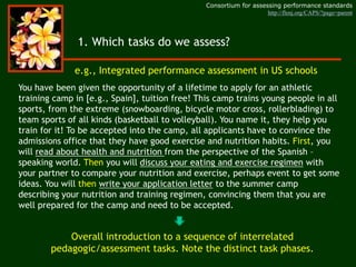 You have been given the opportunity of a lifetime to apply for an athletic
training camp in [e.g., Spain], tuition free! This camp trains young people in all
sports, from the extreme (snowboarding, bicycle motor cross, rollerblading) to
team sports of all kinds (basketball to volleyball). You name it, they help you
train for it! To be accepted into the camp, all applicants have to convince the
admissions office that they have good exercise and nutrition habits. First, you
will read about health and nutrition from the perspective of the Spanish –
speaking world. Then you will discuss your eating and exercise regimen with
your partner to compare your nutrition and exercise, perhaps event to get some
ideas. You will then write your application letter to the summer camp
describing your nutrition and training regimen, convincing them that you are
well prepared for the camp and need to be accepted.
1. Which tasks do we assess?
e.g., Integrated performance assessment in US schools
Overall introduction to a sequence of interrelated
pedagogic/assessment tasks. Note the distinct task phases.
Consortium for assessing performance standards
http://flenj.org/CAPS/?page=parent
 