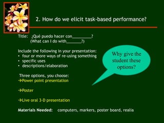 Title: ¿Qué puedo hacer con_________?
(What can I do with_______?)
Include the following in your presentation:
• four or more ways of re-using something
• specific uses
• descriptions/elaboration
Three options, you choose:
Power point presentation
Poster
Live oral 3-D presentation
Materials Needed: computers, markers, poster board, realia
Why give the
student these
options?
2. How do we elicit task-based performance?
 