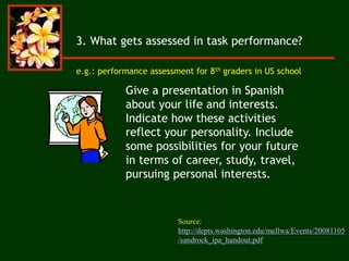 Give a presentation in Spanish
about your life and interests.
Indicate how these activities
reflect your personality. Include
some possibilities for your future
in terms of career, study, travel,
pursuing personal interests.
e.g.: performance assessment for 8th graders in US school
3. What gets assessed in task performance?
Source:
http://depts.washington.edu/mellwa/Events/20081105
/sandrock_ipa_handout.pdf
 