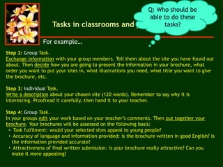 Step 2: Group Task.
Exchange information with your group members. Tell them about the site you have found out
about. Then decide how you are going to present the information in your brochure, what
order you want to put your sites in, what illustrations you need, what title you want to give
the brochure, etc.
Step 3: Individual Task.
Write a description about your chosen site (120 words). Remember to say why it is
interesting. Proofread it carefully, then hand it to your teacher.
Step 4: Group Task.
In your groups edit your work based on your teacher’s comments. Then put together your
brochure. Your brochures will be assessed on the following basis:
• Task fulfilment: would your selected sites appeal to young people?
• Accuracy of language and information provided: is the brochure written in good English? Is
the information provided accurate?
• Attractiveness of final written submission: is your brochure really attractive? Can you
make it more appealing?
For example…
Tasks in classrooms and programs
Q: Who should be
able to do these
tasks?
 