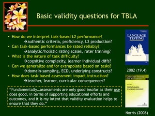 2002 (19.4)
• How do we interpret task-based L2 performance?
authentic criteria, proficiency, L2 production?
• Can task-based performances be rated reliably?
analytic/holistic rating scales, rater training?
• What is the nature of task difficulty?
cognitive complexity, learner individual diffs?
• Can we generalize and/or extrapolate based on tasks?
domain-sampling, ECD, underlying constructs?
• How does task-based assessment impact instruction?
teacher, learner, curricular consequences?
Basic validity questions for TBLA
Norris (2008)
“Fundamentally…assessments are only good insofar as their use
does good, in terms of supporting educational efforts and
outcomes, and it is my intent that validity evaluation helps to
ensure that they do.”
 