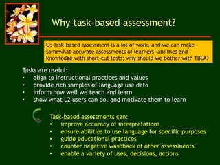 Why task-based assessment?
Tasks are useful:
• align to instructional practices and values
• provide rich samples of language use data
• inform how well we teach and learn
• show what L2 users can do, and motivate them to learn
Task-based assessments can:
• improve accuracy of interpretations
• ensure abilities to use language for specific purposes
• guide educational practices
• counter negative washback of other assessments
• enable a variety of uses, decisions, actions
Q: Task-based assessment is a lot of work, and we can make
somewhat accurate assessments of learners’ abilities and
knowledge with short-cut tests; why should we bother with TBLA?
 