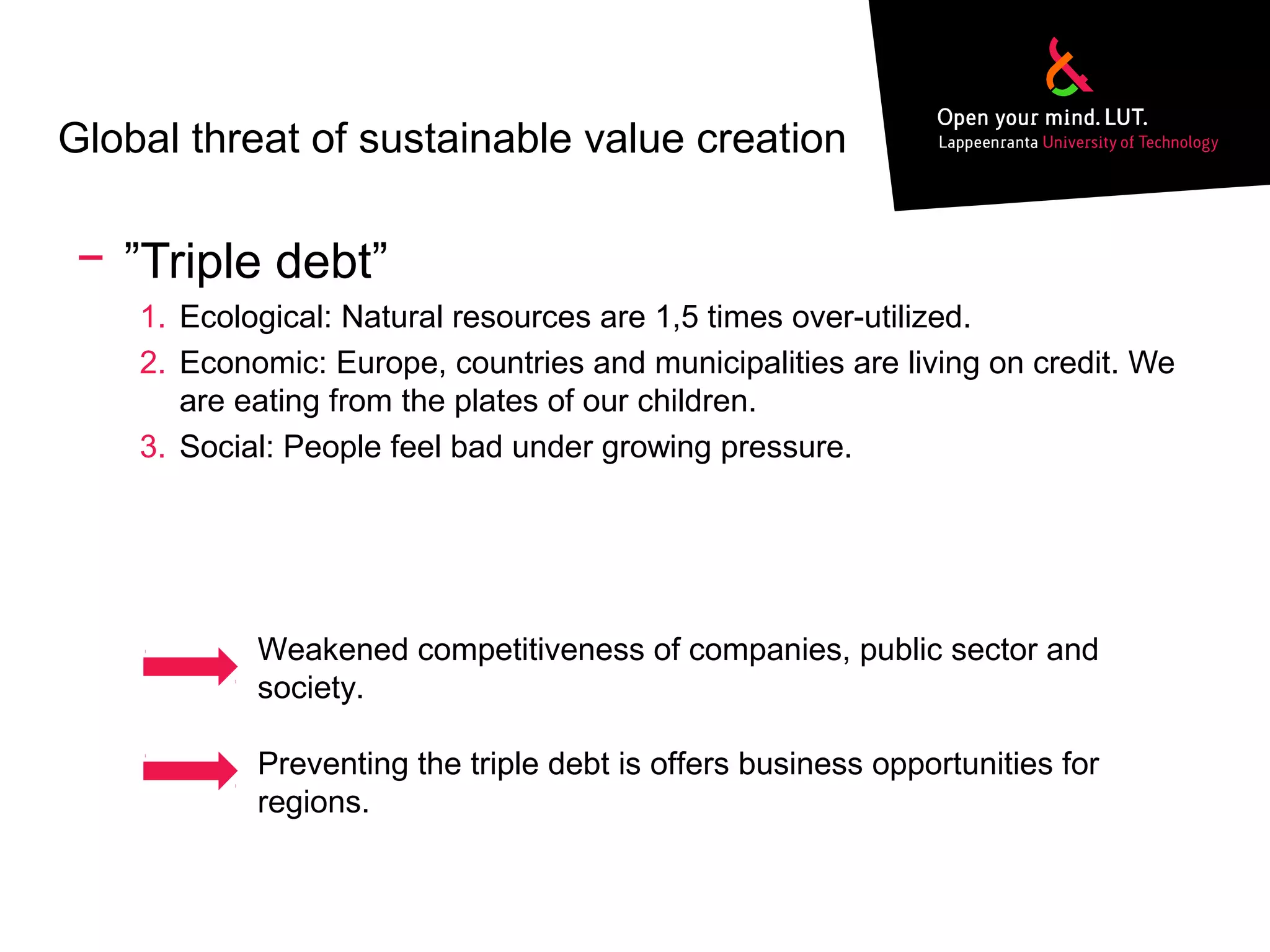 Global threat of sustainable value creation
− ”Triple debt”
1. Ecological: Natural resources are 1,5 times over-utilized.
2. Economic: Europe, countries and municipalities are living on credit. We
are eating from the plates of our children.
3. Social: People feel bad under growing pressure.
Weakened competitiveness of companies, public sector and
society.
Preventing the triple debt is offers business opportunities for
regions.
 
