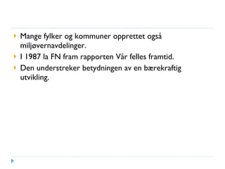 Mange fylker og kommuner opprettet også miljøvernavdelinger. I 1987 la FN fram rapporten Vår felles framtid. Den understreker betydningen av en bærekraftig utvikling. 