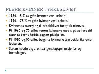 FLERE KVINNER I YRKESLIVET 1950 – 5 % av gifte kvinner var i arbeid. 1990 – 75 % av gifte kvinner var i arbeid. Kvinnenes overgang til arbeidslivet foregikk trinnvis. På 1960 og 70-tallet ventet kvinnene med å gå ut i arbeid etter at barna hadde begynt på skolen. På 1980 og 90-tallet begynte kvinnene å arbeide like etter fødselen. Staten hadde bygd ut svangerskapspermisjoner og barnehager. 