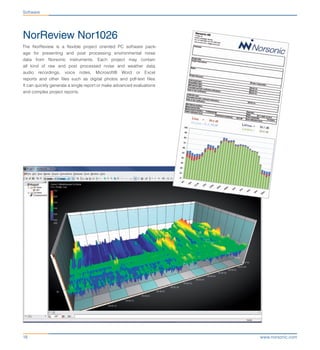 www.norsonic.com18
NorReview Nor1026
The NorReview is a flexible project oriented PC software pack-
age for presenting and post processing environmental noise
data from Norsonic instruments. Each project may contain
all kind of raw and post processed noise and weather data,
audio recordings, voice notes, Microsoft® Word or Excel
reports and other files such as digital photos and pdf-text files.
It can quickly generate a single report or make advanced evaluations
and complex project reports.
Software
 