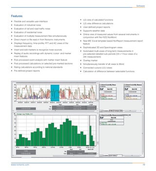 19www.norsonic.com
Features
•	 Flexible and versatile user-interface
•	 Evaluation of industrial noise
•	 Evaluation of rail and road traffic noise
•	 Evaluation of residential noise
•	 Evaluation of multiple measurement files simultaneously
•	 Direct import or file read-in from Norsonic instruments
•	 Displays frequency, time-profile, FFT and AC views of the
measurement data
•	 Insert and edit markers to recognize noise sources
•	 Replay of audio recordings with dynamic cursor and marker
insert features
•	 Post processed event analysis with marker insert feature
•	 Post processed calculations on selected pre-marked sections
•	 Rating calculations according to national standards
•	 Pre-defined project reports
•	 L(t) view of calculated functions
•	 L(f) view difference calculations
•	 User-defined project reports
•	 Supports weather data
•	 Online view of measured values from several instruments in
conjunction with Nor1022 NorMonit
•	 New MS’ Excel template based NorReport measurement report
feature
•	 Sophisticated 3D and Spectrogram views
•	 Automated multi-views of long-term measurements in
pre-selected detailed sub-periods (24 x 1 hour views of a
24h measurement)
•	 Overlay marker
•	 Simultaneously transfer of all views to Word
•	 Connected cursors Lt/Lf views
•	 Calculation of difference between selectable functions	
	
Software
 