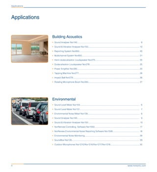 www.norsonic.com4
Building Acoustics
•	 Sound Analyser Nor140...................................................................................................................	 9
•	 Sound & Vibration Analyser Nor150...............................................................................................	10
•	 Reporting System Nor850..............................................................................................................	 20
•	 Multichannel System Nor850..........................................................................................................	21
•	 Hemi-dodecahedron Loudspeaker Nor275.................................................................................	25
•	 Dodecahedron Loudspeaker Nor276............................................................................................	25
•	 Power Amplifier Nor280...................................................................................................................	25
•	 Tapping Machine Nor277.................................................................................................................	26
•	 Impact Ball Nor279...........................................................................................................................	26
•	 Rotating Microphone Boom Nor265..............................................................................................	27
Environmental
•	 Sound Level Meter Nor103..............................................................................................................	 6
•	 Sound Level Meter Nor131..............................................................................................................	 7
•	 Environmental Noise Meter Nor139................................................................................................	 8
•	 Sound Analyser Nor140...................................................................................................................	 9
•	 Sound & Vibration Analyser Nor150............................................................................................... 10
•	 NorRemote Controlling Software Nor1050...................................................................................	17
•	 NorReview Environmental Noise Reporting Software Nor1026.................................................	18
•	 Environmental Noise Monitoring.....................................................................................................	28
•	 SoundBox Nor135............................................................................................................................	29
•	 Outdoor Microphones Nor1210/Nor1216/Nor1217/Nor1218......................................................	30
Applications
Applications
 