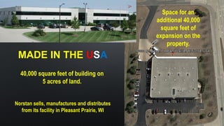 MADE IN THE USA
Norstan sells, manufactures and distributes
from its facility in Pleasant Prairie, WI
40,000 square feet of building on
5 acres of land.
Space for an
additional 40,000
square feet of
expansion on the
property.
 