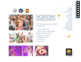 NORSTARNORSTAR
SYNDICATION
IT’S TIME RADIO DIGITAL STRATEGY
IS REDEFINED!
…HOW TO CAPTURE
& CASH IN ON THE MILLENNIAL
MARKET WITH THE VIDEO
CONTENT THEY WANT,
ON YOUR WEBSITE
& ON MOBILE!
AT NO COST…
STARS
MUSIC
LIFESTYLE
CARS
SPORTS
NEWS
FOOD
EVENTS
EXERCISE
WEATHER
CELEBRITIES
& MORE!
 