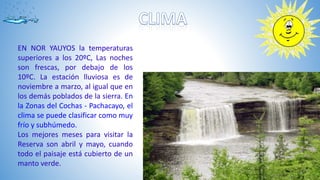 EN NOR YAUYOS la temperaturas
superiores a los 20ºC, Las noches
son frescas, por debajo de los
10ºC. La estación lluviosa es de
noviembre a marzo, al igual que en
los demás poblados de la sierra. En
la Zonas del Cochas - Pachacayo, el
clima se puede clasificar como muy
frío y subhúmedo.
Los mejores meses para visitar la
Reserva son abril y mayo, cuando
todo el paisaje está cubierto de un
manto verde.
 