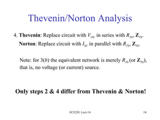 Thevenin/Norton Analysis 4.  Thevenin : Replace circuit with  V OC  in series with  R Th ,  Z Th . Norton : Replace circuit with  I SC  in parallel with  R Th ,  Z Th . Note: for 3( b ) the equivalent network is merely  R Th  (or  Z Th ), that is, no voltage (or current) source. Only steps 2 & 4 differ from Thevenin & Norton! ECE201 Lect-14 