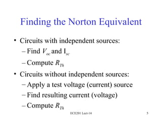 Finding the Norton Equivalent Circuits with independent sources: Find  V oc  and I sc Compute  R Th Circuits without independent sources: Apply a test voltage (current) source Find resulting current (voltage) Compute  R Th   ECE201 Lect-14 