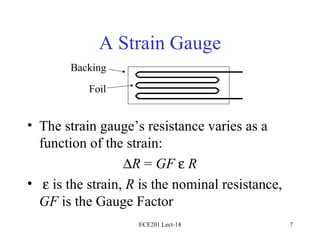 A Strain Gauge The strain gauge’s resistance varies as a function of the strain:  R  =  GF      R    is the strain,  R  is the nominal resistance,  GF  is the Gauge Factor ECE201 Lect-14 Backing Foil 