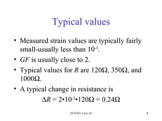 Typical values Measured strain values are typically fairly small-usually less than 10 -3 . GF  is usually close to 2. Typical values for  R  are 120  , 350  , and 1000  . A typical change in resistance is   R  = 2•10 -3 •120   = 0.24  ECE201 Lect-14 