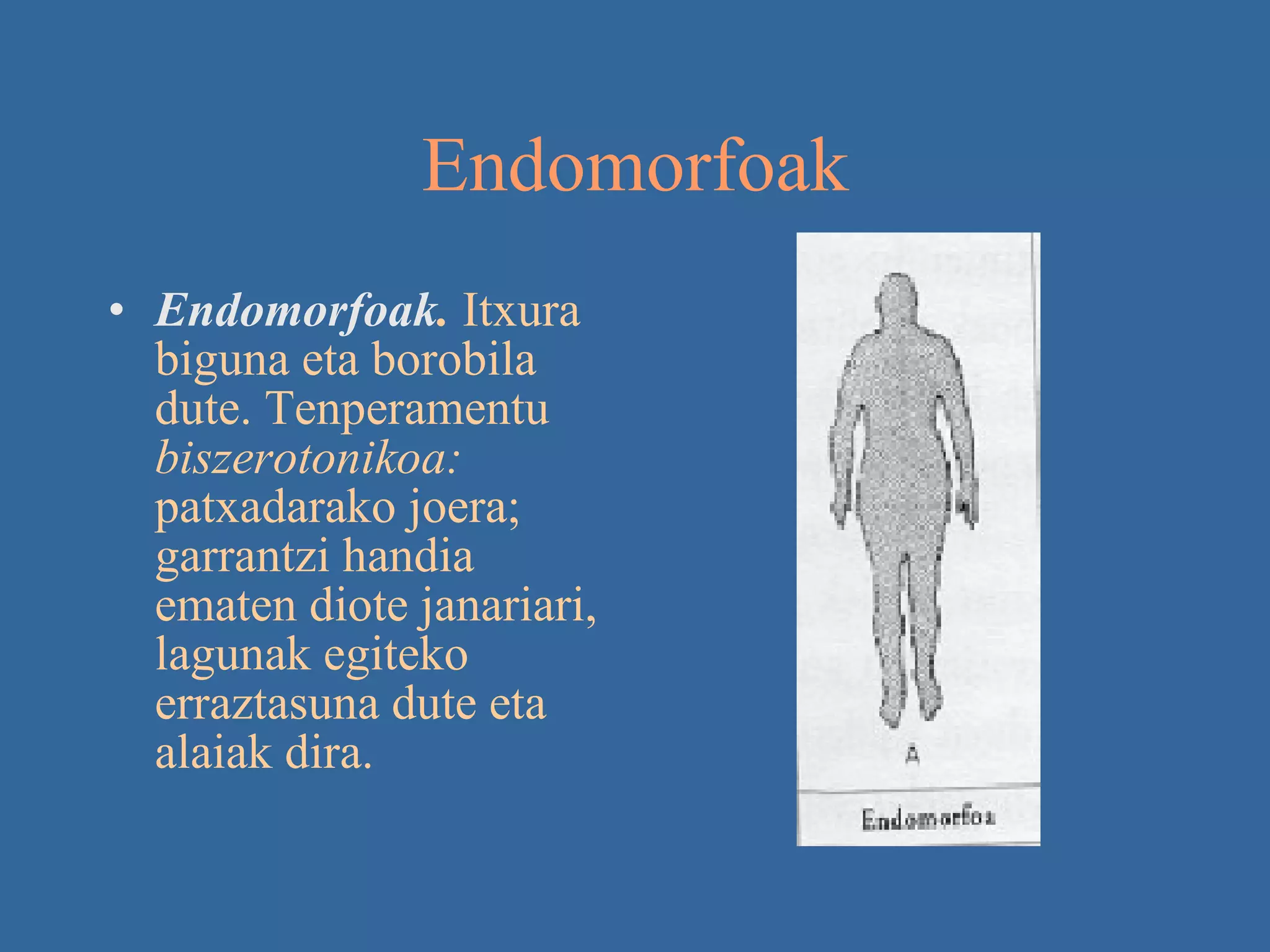 Endomorfoak  Endomorfoak .   Itxura biguna eta borobila dute. Tenperamentu  biszerotonikoa:  patxadarako joera; garrantzi handia ematen diote janariari, lagunak egiteko erraztasuna dute eta alaiak dira.   