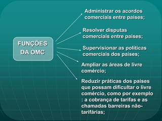 Administrar os acordos
           comerciais entre países;

          Resolver disputas
          comerciais entre países;
FUNÇÕES
          Supervisionar as políticas
 DA OMC   comerciais dos países;

          Ampliar as áreas de livre
          comércio;
          Reduzir práticas dos países
          que possam dificultar o livre
          comércio, como por exemplo
          : a cobrança de tarifas e as
          chamadas barreiras não-
          tarifárias;
 