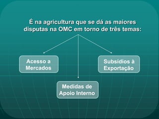 É na agricultura que se dá as maiores
disputas na OMC em torno de três temas:




Acesso a                   Subsídios à
Mercados                   Exportação


            Medidas de
           Apoio Interno
 