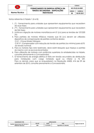 T Í T U L O CÓDIGO
FORNECIMENTO DE ENERGIA ELÉTRICA EM
TENSÃO SECUNDÁRIA - EDIFICAÇÕES
INDIVIDUAIS
NO.PN.03.24.0001
Norma Técnica
VERSÃO VIGÊNCIA
00 05/09/2011
ELABORADO POR APROVAÇÃO
Página 32 de 90Gestão Operacional de Normas e
Sistemas Técnicos
ATA Nº DATA POR
064 11/07/2011 Agostinho G. Barreira
Notas referentes à Tabela 1 (A e B):
1. (*) - Fornecimento para unidades que apresentem equipamentos que necessitem
de duas fases;
2. (**) - Fornecimento para unidades que apresentem equipamentos que necessitem
de três fases;
3. Limita-se a ligação de motores monofásicos em 01 [cv] para as tensões de 127/220
[V];
4. Para partidas de motores trifásicos maiores que 05 [cv] devem ser utilizados
dispositivos de compensação de partida conforme abaixo:
C.E.T - Chave Estrela Triângulo;
C.R.T.P - Compensador com redução da tensão de partida (no mínimo) para 65 %
da tensão nominal;
5. Para os motores tipo rotor bobinado, deve existir bloqueio que impeça a partida
do mesmo com as escovas levantadas;
6. Para utilização de motores com potências superiores às estabelecidas na tabela,
consultar previamente a Concessionária;
7. O fornecimento de energia elétrica é feito em tensão secundária de distribuição
para instalações com carga instalada igual ou inferior a 75 kW.
Para os demais casos que se enquadrarem na Resolução ANEEL 414 de 09 de
setembro de 2010, consultar previamente a Concessionária.
 