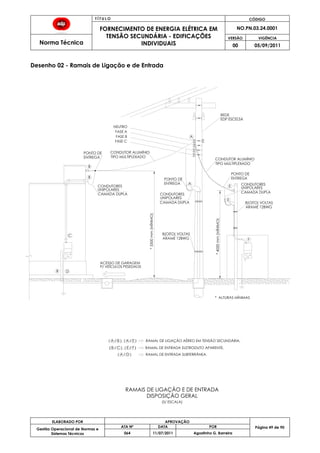 T Í T U L O CÓDIGO
FORNECIMENTO DE ENERGIA ELÉTRICA EM
TENSÃO SECUNDÁRIA - EDIFICAÇÕES
INDIVIDUAIS
NO.PN.03.24.0001
Norma Técnica
VERSÃO VIGÊNCIA
00 05/09/2011
49
ELABORADO POR APROVAÇÃO
Página 49 de 90Gestão Operacional de Normas e
Sistemas Técnicos
ATA Nº DATA POR
064 11/07/2011 Agostinho G. Barreira
Desenho 02 - Ramais de Ligação e de Entrada
( B / C ), ( E / F ) RAMAL DE ENTRADA ELETRODUTO APARENTE.
( A / D ) RAMAL DE ENTRADA SUBTERRÂNEA.
* ALTURAS MÍNIMAS
( A / B ), ( A / E ) RAMAL DE LIGAÇÃO AÉREO EM TENSÃO SECUNDÁRIA.
C
D
PONTO DE
ENTREGA
B
NEUTRO
FASE A
FASE B
FASE C
PONTO DE
ENTREGA
UNIPOLARES
CAMADA DUPLA
REDE
EDP ESCELSA
A
E
F
B
B
E
A
CONDUTORES
UNIPOLARES
CAMADA DUPLA
CONDUTORES
PONTO DE
ENTREGA
CONDUTORES
UNIPOLARES
CAMADA DUPLA
ARAME 12BWG
8(OITO) VOLTAS
ACESSO DE GARAGEM
P/ VEÍCULOS PESEDAOS
CONDUTOR ALUMÍNIO
TIPO MULTIPLEXADO
CONDUTOR ALUMÍNIO
TIPO MULTIPLEXADO
8(OITO) VOLTAS
ARAME 12BWG
*5500mm(MÍNIMO)
*4000mm(MÍNIMO)
RAMAIS DE LIGAÇÃO E DE ENTRADA
DISPOSIÇÃO GERAL
(S/ ESCALA)
 