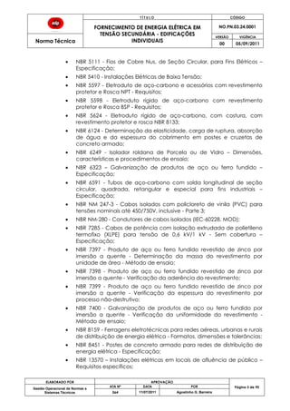 T Í T U L O CÓDIGO
FORNECIMENTO DE ENERGIA ELÉTRICA EM
TENSÃO SECUNDÁRIA - EDIFICAÇÕES
INDIVIDUAIS
NO.PN.03.24.0001
Norma Técnica
VERSÃO VIGÊNCIA
00 05/09/2011
ELABORADO POR APROVAÇÃO
Página 5 de 90Gestão Operacional de Normas e
Sistemas Técnicos
ATA Nº DATA POR
064 11/07/2011 Agostinho G. Barreira
NBR 5111 - Fios de Cobre Nus, de Seção Circular, para Fins Elétricos –
Especificação;
NBR 5410 - Instalações Elétricas de Baixa Tensão;
NBR 5597 - Eletroduto de aço-carbono e acessórios com revestimento
protetor e Rosca NPT - Requisitos;
NBR 5598 - Eletroduto rígido de aço-carbono com revestimento
protetor e Rosca BSP - Requisitos;
NBR 5624 - Eletroduto rígido de aço-carbono, com costura, com
revestimento protetor e rosca NBR 8133;
NBR 6124 - Determinação da elasticidade, carga de ruptura, absorção
de água e da espessura do cobrimento em postes e cruzetas de
concreto armado;
NBR 6249 - Isolador roldana de Porcela ou de Vidro – Dimensões,
características e procedimentos de ensaio;
NBR 6323 – Galvanização de produtos de aço ou ferro fundido –
Especificação;
NBR 6591 - Tubos de aço-carbono com solda longitudinal de seção
circular, quadrada, retangular e especial para fins industriais –
Especificação;
NBR NM 247-3 - Cabos isolados com policloreto de vinila (PVC) para
tensões nominais até 450/750V, inclusive - Parte 3;
NBR NM-280 - Condutores de cabos isolados (IEC-60228, MOD);
NBR 7285 - Cabos de potência com isolação extrudada de polietileno
termofixo (XLPE) para tensão de 0,6 kV/1 kV - Sem cobertura –
Especificação;
NBR 7397 - Produto de aço ou ferro fundido revestido de zinco por
imersão a quente - Determinação da massa do revestimento por
unidade de área - Método de ensaio;
NBR 7398 - Produto de aço ou ferro fundido revestido de zinco por
imersão a quente - Verificação da aderência do revestimento;
NBR 7399 - Produto de aço ou ferro fundido revestido de zinco por
imersão a quente - Verificação da espessura do revestimento por
processo não-destrutivo;
NBR 7400 - Galvanização de produtos de aço ou ferro fundido por
imersão a quente - Verificação da uniformidade do revestimento -
Método de ensaio;
NBR 8159 - Ferragens eletrotécnicas para redes aéreas, urbanas e rurais
de distribuição de energia elétrica - Formatos, dimensões e tolerâncias;
NBR 8451 - Postes de concreto armado para redes de distribuição de
energia elétrica - Especificação;
NBR 13570 – Instalações elétricas em locais de afluência de público –
Requisitos específicos;
 