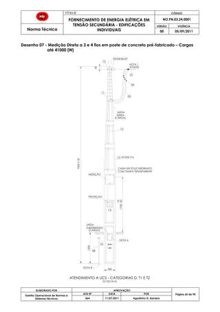 T Í T U L O CÓDIGO
FORNECIMENTO DE ENERGIA ELÉTRICA EM
TENSÃO SECUNDÁRIA - EDIFICAÇÕES
INDIVIDUAIS
NO.PN.03.24.0001
Norma Técnica
VERSÃO VIGÊNCIA
00 05/09/2011
60
ELABORADO POR APROVAÇÃO
Página 60 de 90Gestão Operacional de Normas e
Sistemas Técnicos
ATA Nº DATA POR
064 11/07/2011 Agostinho G. Barreira
Desenho 07 - Medição Direta a 3 e 4 fios em poste de concreto pré-fabricado – Cargas
até 41000 [W]
13
12
02
NOTA 1
09
01
11
15
SAÍDA
SUBTERRÂNEA
PROTEÇÃO
MEDIÇÃO
AÉREA
SAÍDA
50
1700-50
+0
14
ATENDIMENTO A UCS - CATEGORIAS D, T1 E T2
CAIXA EM POLICABORNATO
COM TAMPA TRANSPARENTE
08
10
350
1200
03 04 06 07
(S/ ESCALA)
(POSTE P1)
140
(CARGA)
(CARGA)
(FONTE)
NOTA 6
7000±50
NOTA 8
 