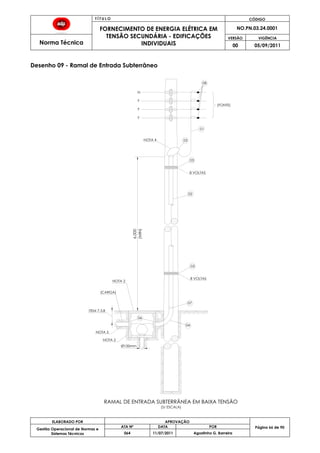 T Í T U L O CÓDIGO
FORNECIMENTO DE ENERGIA ELÉTRICA EM
TENSÃO SECUNDÁRIA - EDIFICAÇÕES
INDIVIDUAIS
NO.PN.03.24.0001
Norma Técnica
VERSÃO VIGÊNCIA
00 05/09/2011
66
ELABORADO POR APROVAÇÃO
Página 66 de 90Gestão Operacional de Normas e
Sistemas Técnicos
ATA Nº DATA POR
064 11/07/2011 Agostinho G. Barreira
Desenho 09 - Ramal de Entrada Subterrâneo
6.000
ITEM 7.3.8
RAMAL DE ENTRADA SUBTERRÂNEA EM BAIXA TENSÃO
(S/ ESCALA)
(CARGA)
(MIN)
(FONTE)
8 VOLTAS
03
06
NOTA 2
NOTA 5
08
04
NOTA 2
8 VOLTAS
03
02
05NOTA 4
01
F
F
F
N
07
Ø100mm
 