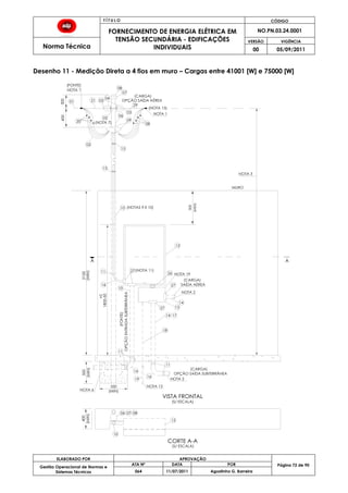 T Í T U L O CÓDIGO
FORNECIMENTO DE ENERGIA ELÉTRICA EM
TENSÃO SECUNDÁRIA - EDIFICAÇÕES
INDIVIDUAIS
NO.PN.03.24.0001
Norma Técnica
VERSÃO VIGÊNCIA
00 05/09/2011
72
ELABORADO POR APROVAÇÃO
Página 72 de 90Gestão Operacional de Normas e
Sistemas Técnicos
ATA Nº DATA POR
064 11/07/2011 Agostinho G. Barreira
Desenho 11 - Medição Direta a 4 fios em muro – Cargas entre 41001 [W] e 75000 [W]
NOTA 1
NOTA 2
(CARGA)
OPÇÃO SAÍDA AÉREA
5002100(FONTE)
1800-50
350
+0
SAÍDA AÉREA
OPÇÃO SAÍDA SUBTERRÂNEA
(NOTAS 9 E 10)
(NOTA 11)
OPÇÃOENTRADASUBTERRÂNEA
NOTA 13
300
400
400
300
(MIN)
(MIN)(MIN)
(MIN)
07
VISTA FRONTAL
CORTE A-A
(S/ ESCALA)
(S/ ESCALA)
(MIN) 08
04
032101
20
05
06
09
02
15
10
27
12
27
19
16
17
18
(FONTE)
15
10
14
27
26
(CARGA)
16
NOTA 6
06
12
10
07 08
(NOTA 7)
(CARGA)
13
11
11
MURO
03
11
NOTA 2
14
16
28
29
(NOTA 15)
NOTA 1
NOTA 3
A A
NOTA 19
 