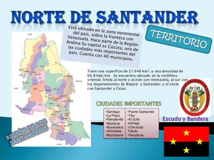 NORTE DE SANTANDER<br />EstÃ¡ ubicado en la zona nororiental del paÃ­s,Â sobre la frontera con Venezuela.Â Hace parte de laÂ Re...