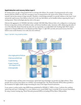 12
Rapid detection and recovery below Layer 3
IP routing system can take a long period of time to converge after failures. For example, if routing protocols such as open
shortest path first (OSPF) are used, the convergence times are proportional to the square of the number of routers in the
network, and can last minutes in large networks. Therefore, a sound design principle is to provide resilience at the Layer 1 level
and provide rapid recovery from failures at that level. In this way, link failures can be handled without impacting the Layer 3
routing system. Three technologies play key roles in this space:
Ethernet link aggregation (cf. IEEE802.2ad) allows multiple 100/1000-Mbps Ethernet links to be configured as a trunk group
between wiring closet switches and backbone nodes, and between backbone nodes. Automatic traffic rebalancing takes place if
one of the links fails. Nortel Networks has taken this one step further in its Split Multi Link Trunking (Split MLT) solution
supported on Passport 8600 and on the BayStack portfolio (Figure 7). Split MLT provides sub-second recovery from link
failures across trunks homed on two nodes (for extra resilience).
Figure 7. Split MLT: A key reliability enabler
For extended campus and data center environments, optical dual ring technologies can provide very high resilience. These
provide 50-ms recovery from failures on a SONET and wavelength basis. The Nortel Networks OPTera Metro portfolio is
the foundation for highly reliable storage networking for many of the largest financial institutions.
A new option is resilient packet rings (RPR) being standardized by IEEE802.17. RPR is a Layer 2 solution that combines
optical ring and Layer 2 technology (it is a new medium access control [MAC] layer) to provide 50-ms recovery from failures
by using a counter-rotating ring. Nortel Networks pioneered RPR in its leading OPTera Metro 3500 portfolio.
IST
IST
C o r e
• No single point of failure
• Sub-second fail over
• Load sharing
• Layer 2 recover
(no impact on IP)
• Interoperable
 
