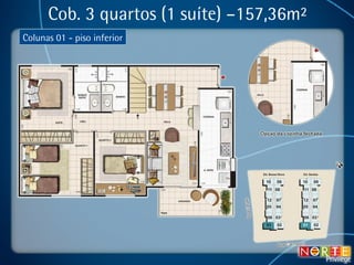 Cob. 3 quartos (1 suíte) –157,36m² Colunas 01 - piso inferior 