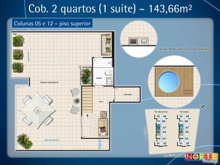 Cob. 2 quartos (1 suíte) – 143,66m² Colunas 05 e 12 – piso superior 